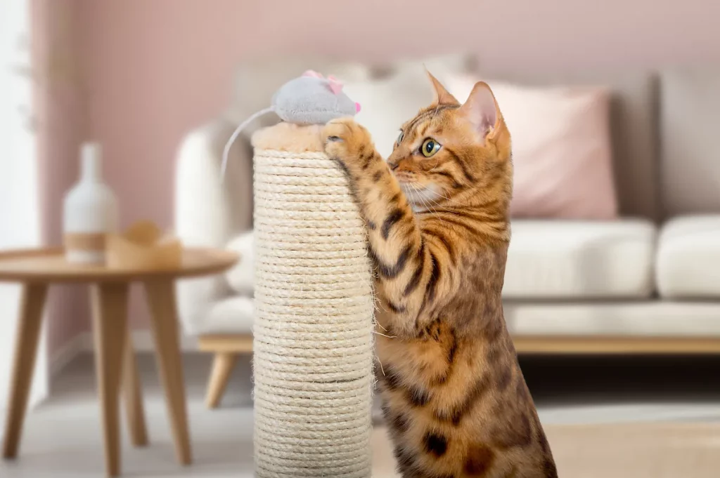 photo d'un chat qui joue avec une fausse souris