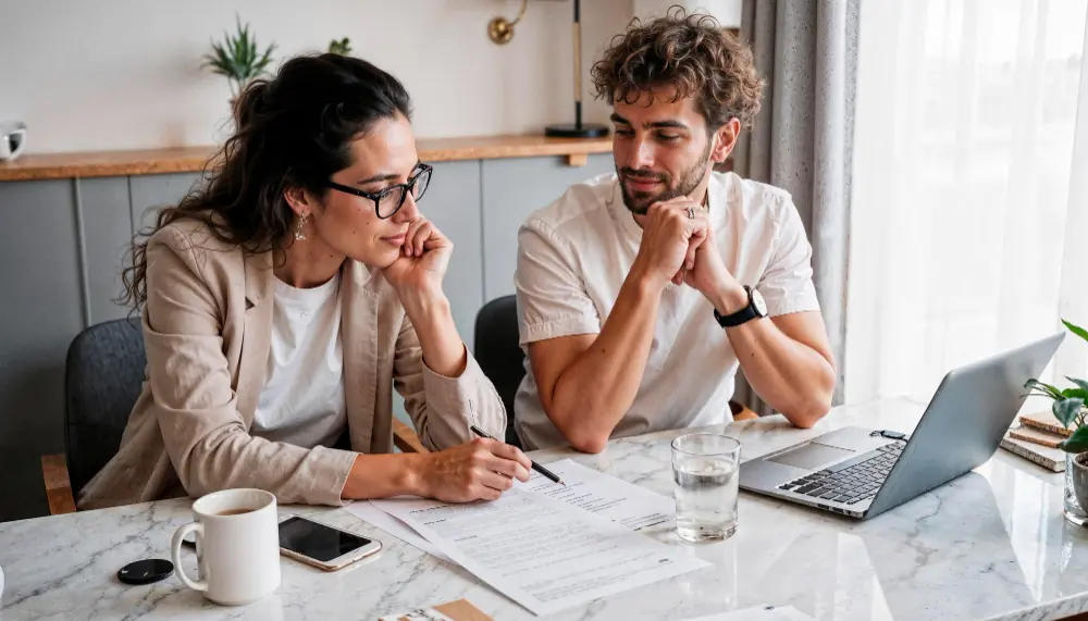 Image d'illustration d'un couple qui compare des documents.